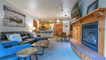 TV connectée, cheminée, livres