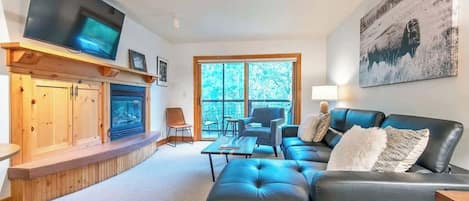 Smart TV, fireplace, books