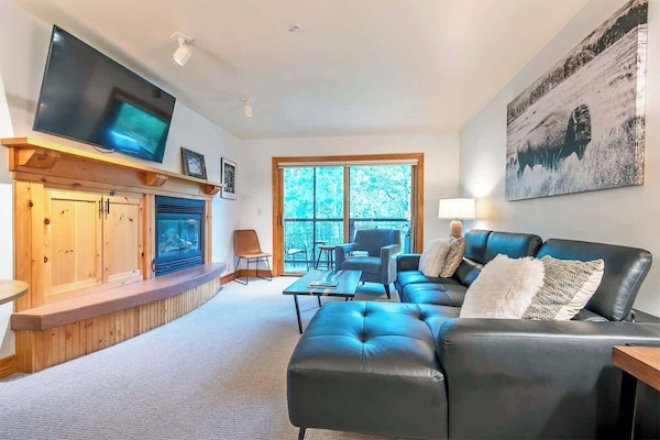 Smart TV, fireplace, books