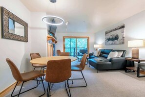 Smart TV, fireplace, books