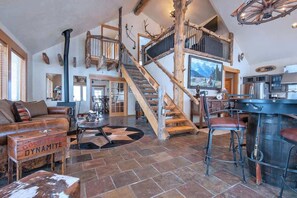 TV, fireplace, books