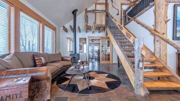 TV, fireplace, books