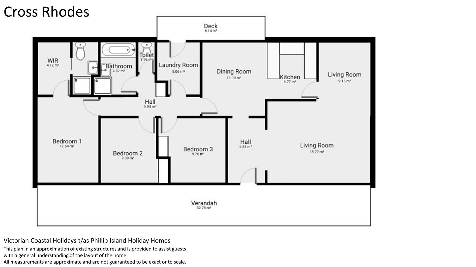 A floor plan of Cross Rhodes, including three bedrooms, a living room, a dining room, a kitchen, a bathroom, a laundry room, and a WIR.
