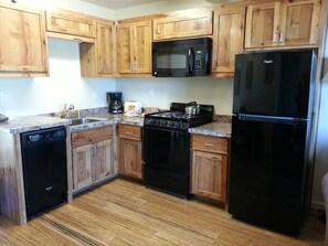 Compact kitchen with a dishwasher, stove, microwave, and refrigerator.