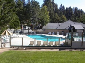 Relax by the pool surrounded by tall trees and lounge on the deck.