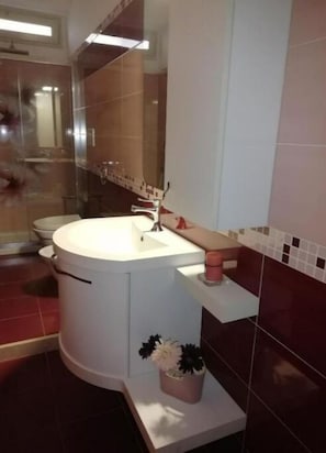 Een douche, een haardroger, een bidet, handdoeken