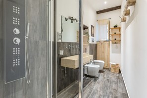 Shower, hair dryer, towels