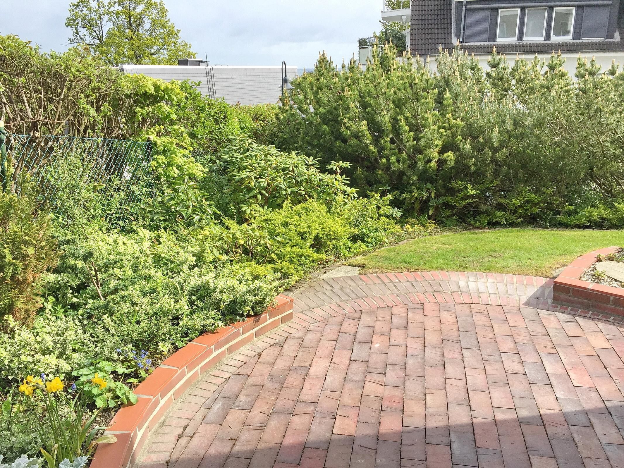 A paved patio area with a brick border, surrounded by dense greenery and a lawn.