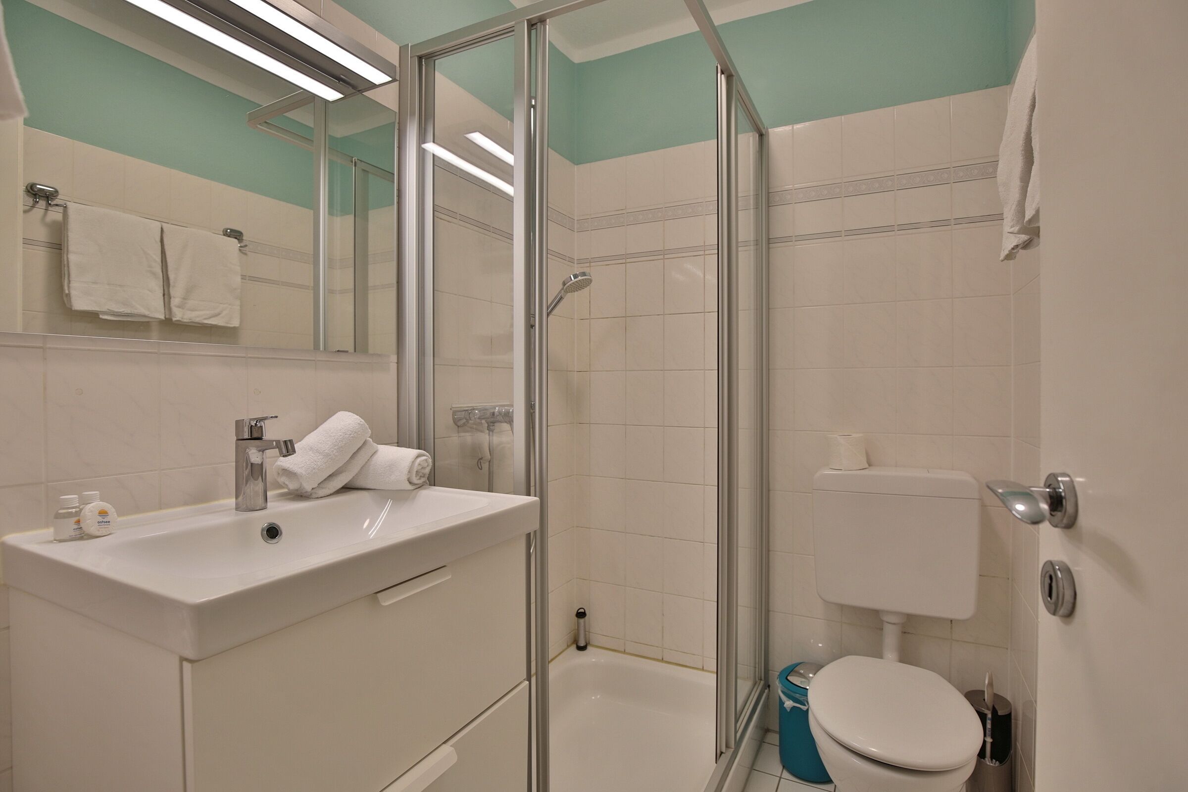 Un baño moderno con ducha envuelta en vidrio, lavamanos blanco con artículos de aseo y un inodoro.