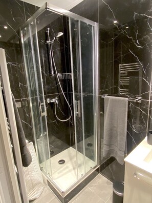 Shower, towels, toilet paper