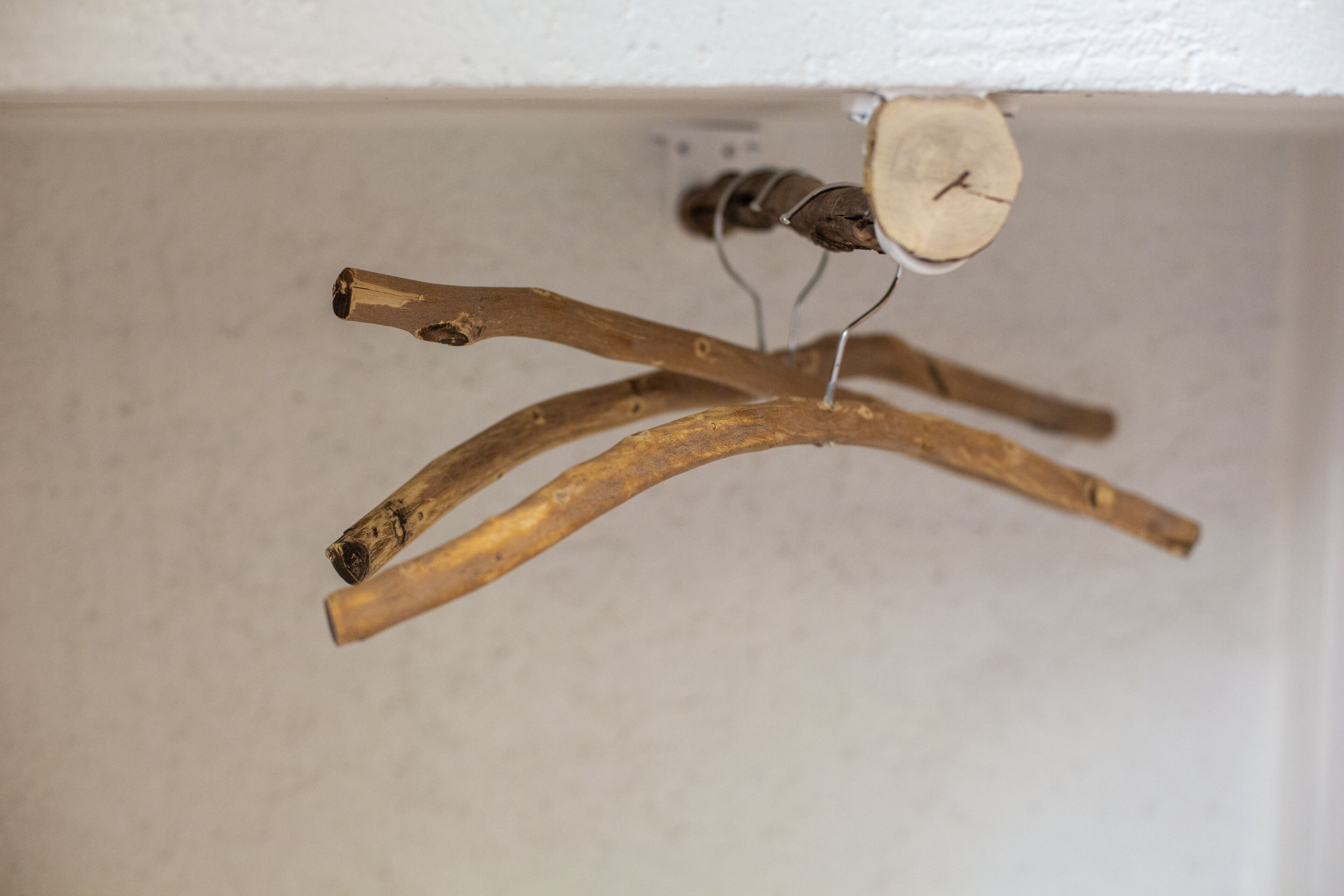 Une structure en bois, ornée de branches et d’une horloge, fixée à un mur.