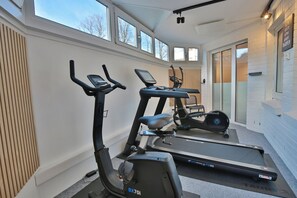 Un gimnasio en casa con equipo de cardio, incluyendo una elíptica y una cinta de correr, y un muro con ventanas.