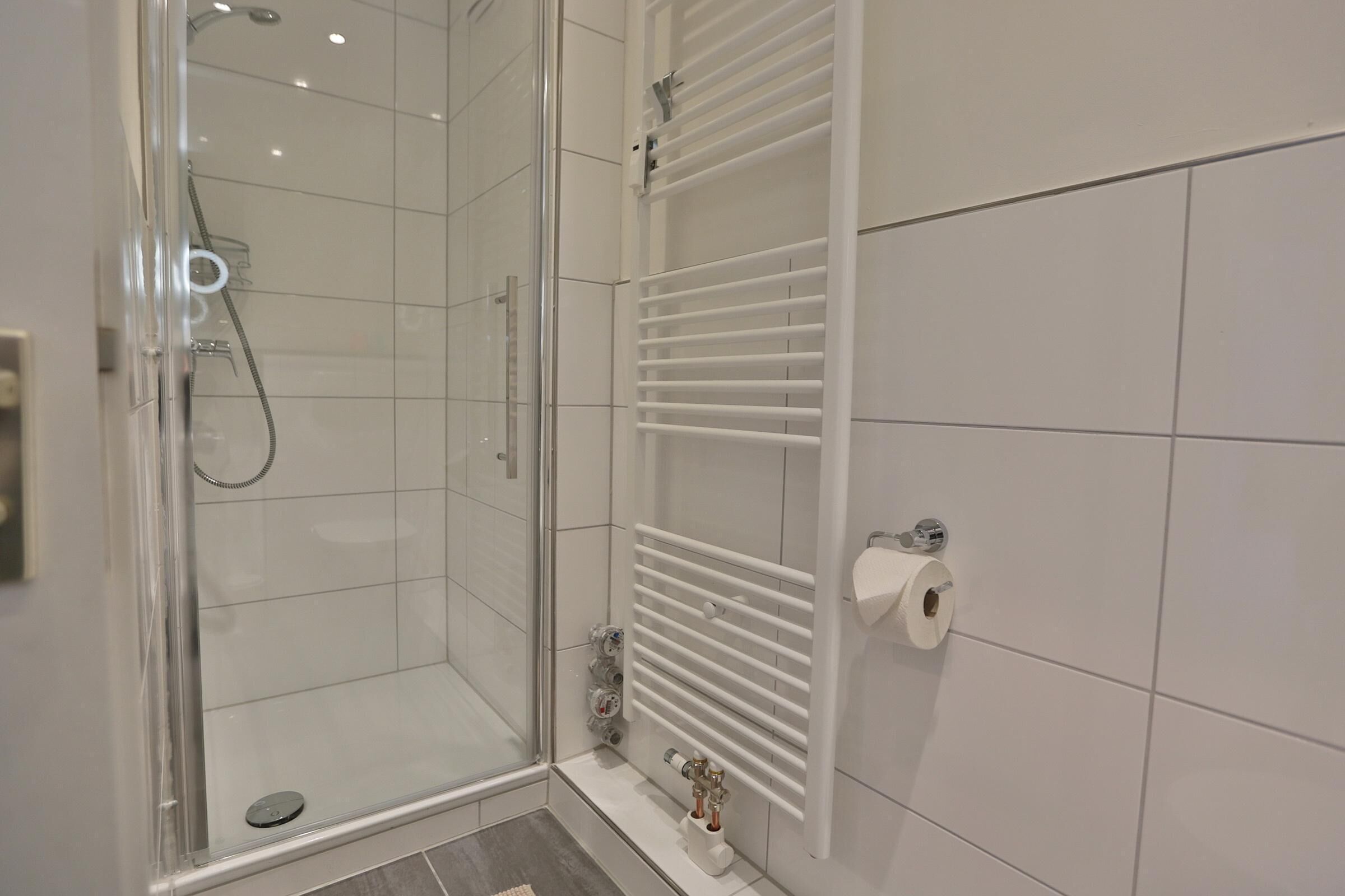 Un baño moderno con ducha envuelta en vidrio, un radiador blanco y un dispensador de papel higiénico.
