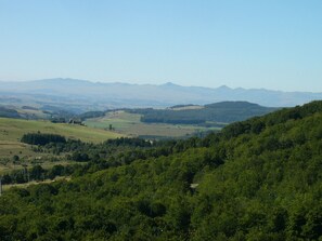 Een weids uitzicht over een glooiend landschap met dichte bossen en verre bergen.