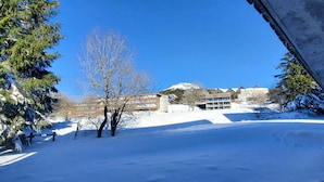 A snow-covered landscape with buildings in the background.