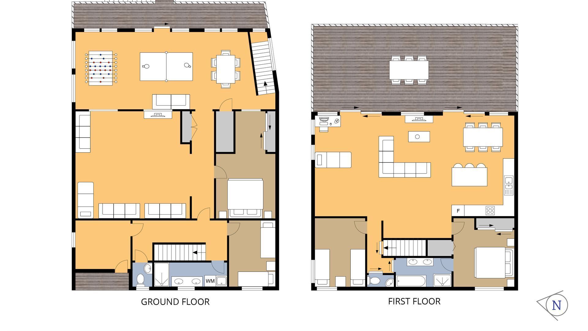 Een begane grond- en eerste verdiepingsplattegrond van een hotel met een eetruimte, keuken en meerdere slaapkamers.