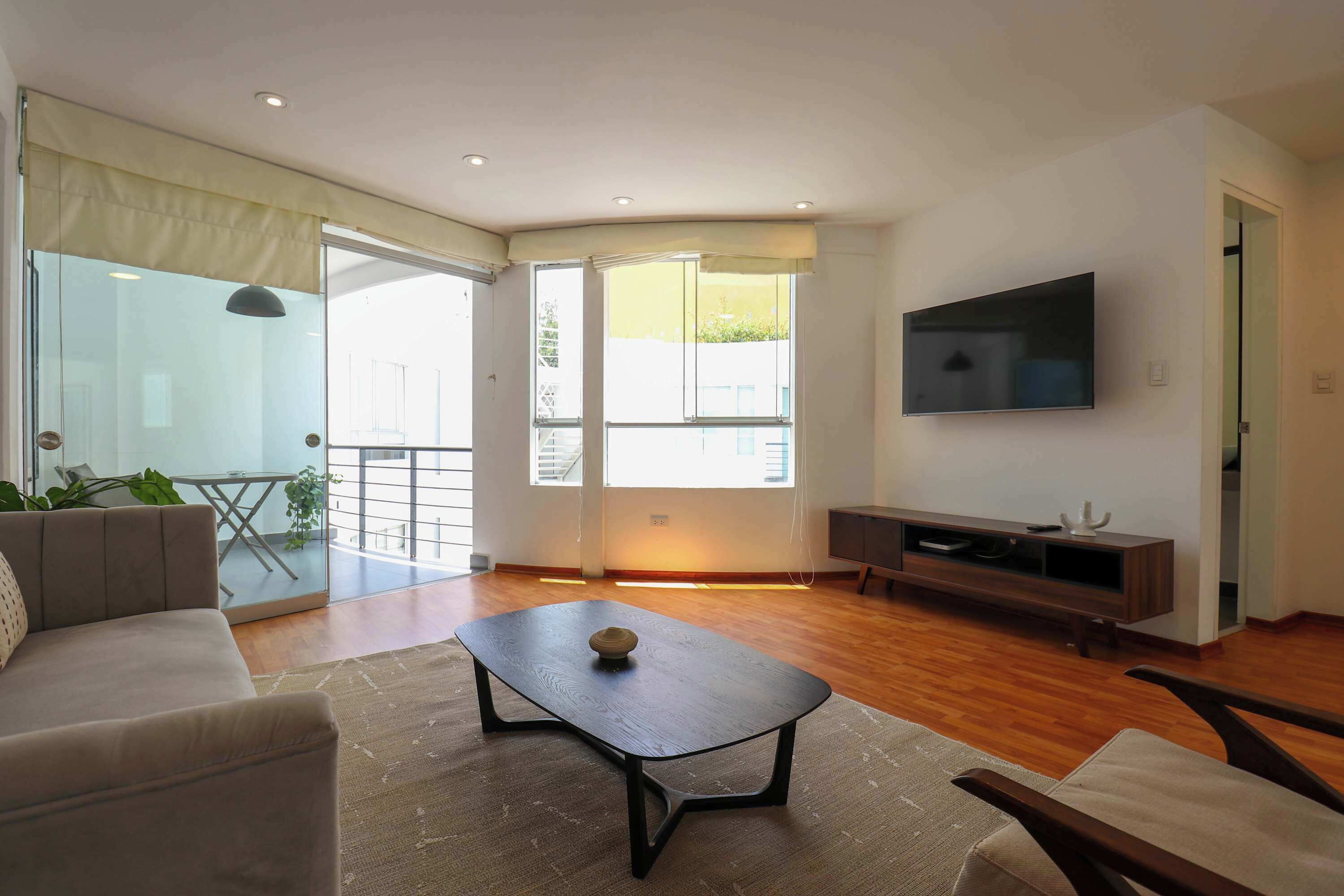 Living room equipped with smart TV and lots of light