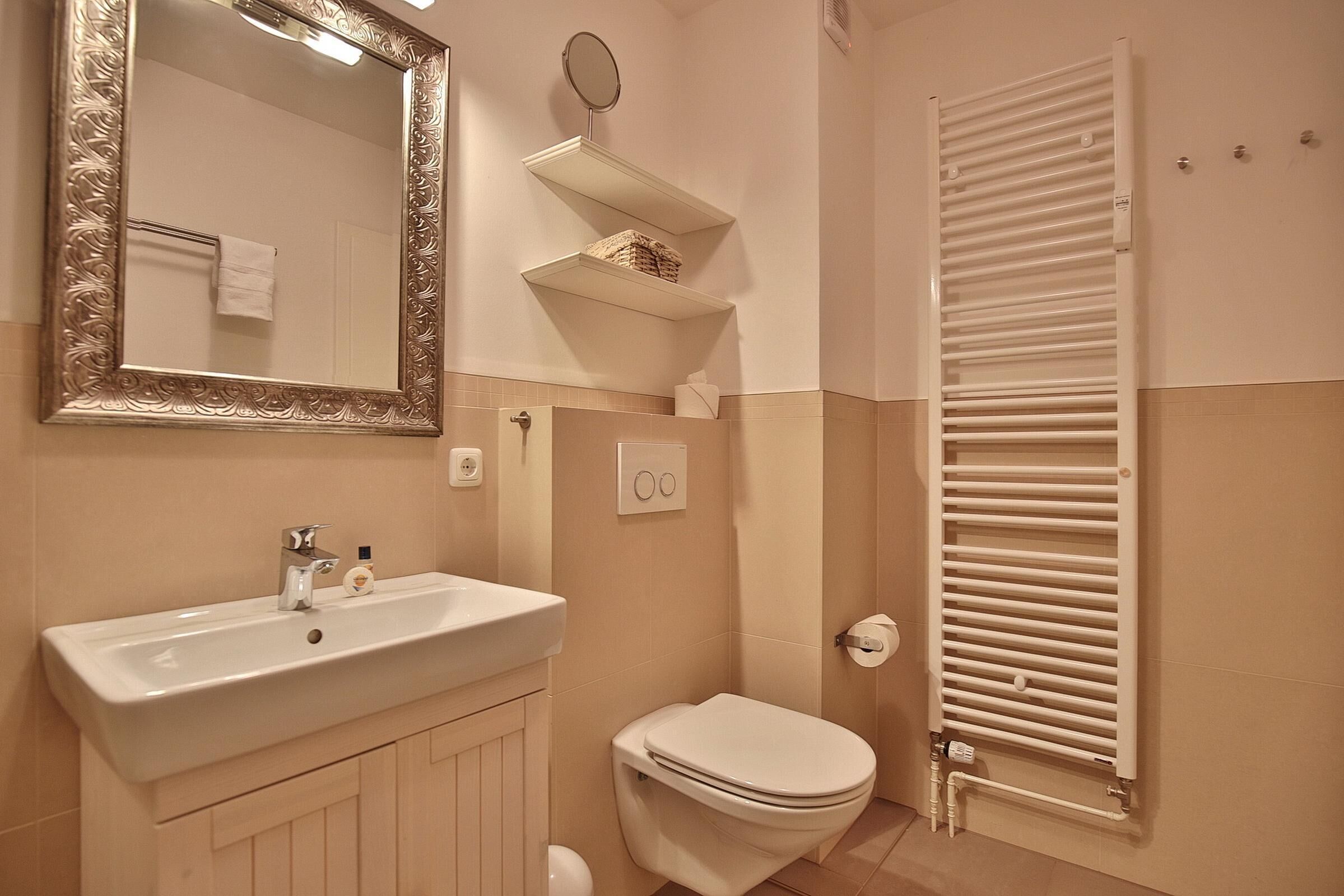 Une salle de bain équipée d’un lavabo, de toilettes, d’un miroir, d’un porte-serviettes et d’un radiateur.
