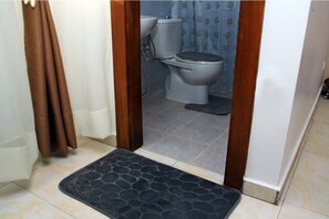 Bathtub, hair dryer, towels, soap