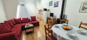 TV, caminetto, lettore DVD, libri