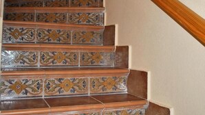 A staircase with ornate, patterned tiles and a wooden handrail.