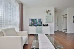 TV, DVD player, books, stereo