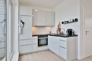 Fridge, oven, dishwasher, coffee/tea maker