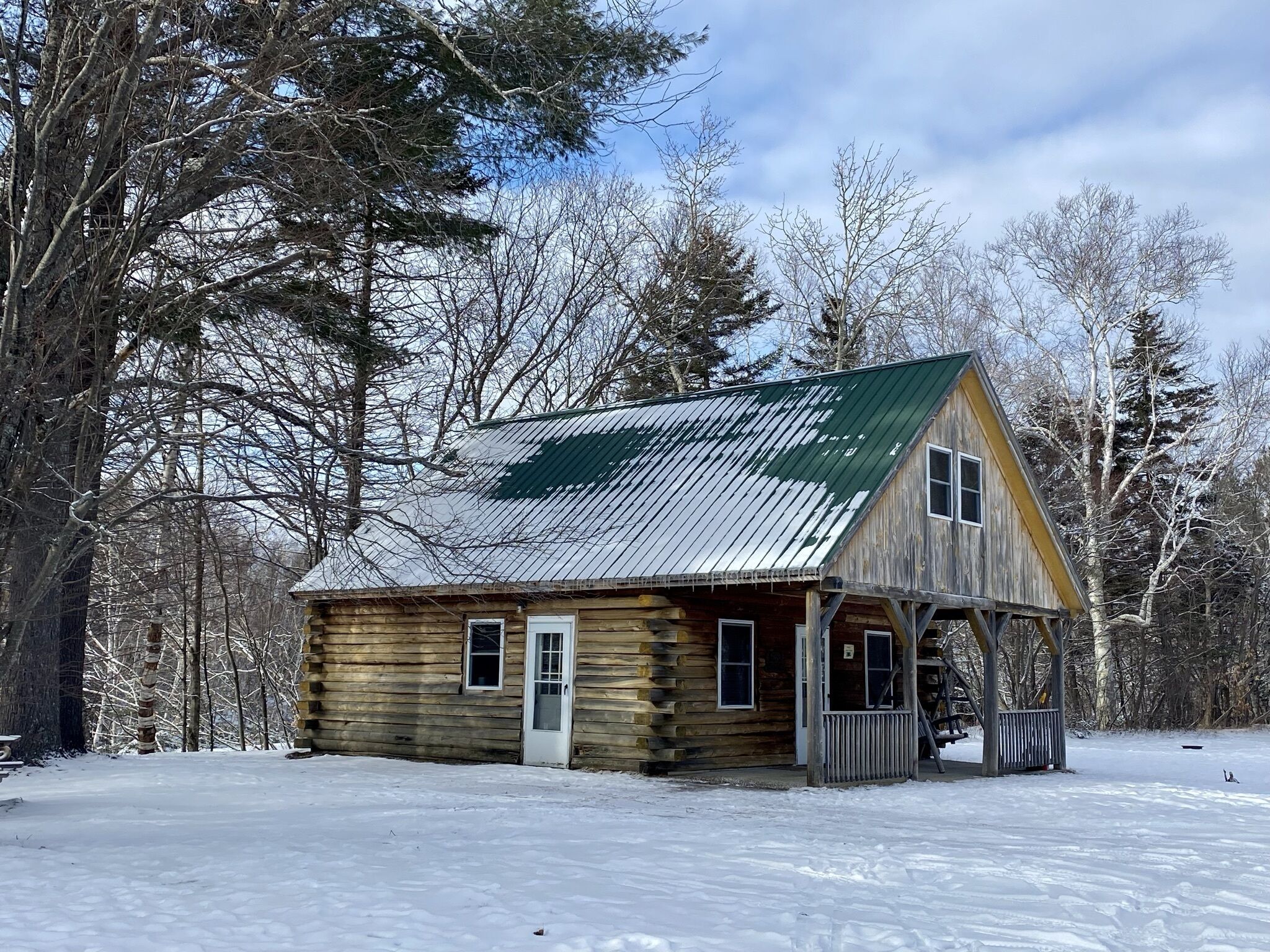 Una cabaña de madera rústica con techo de metal verde, rodeada de nieve y árboles sin hojas.