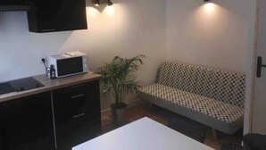 Een kleine leefruimte met een kitchenette, een bank, een aan de muur bevestigde televisie en een kamerplant.