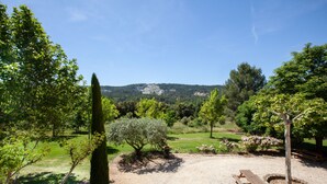 A park with a picnic table, a tree, and a view of a mountain. - Beautiful manor with swimming pool in front of the Provençal Colorado (Rustrel)