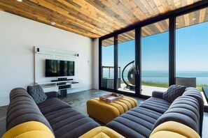 Televisión, chimenea, libros y oficina