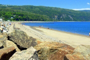 A beach with rocky foreground, a sandy shore, and a forested hill in the background.
