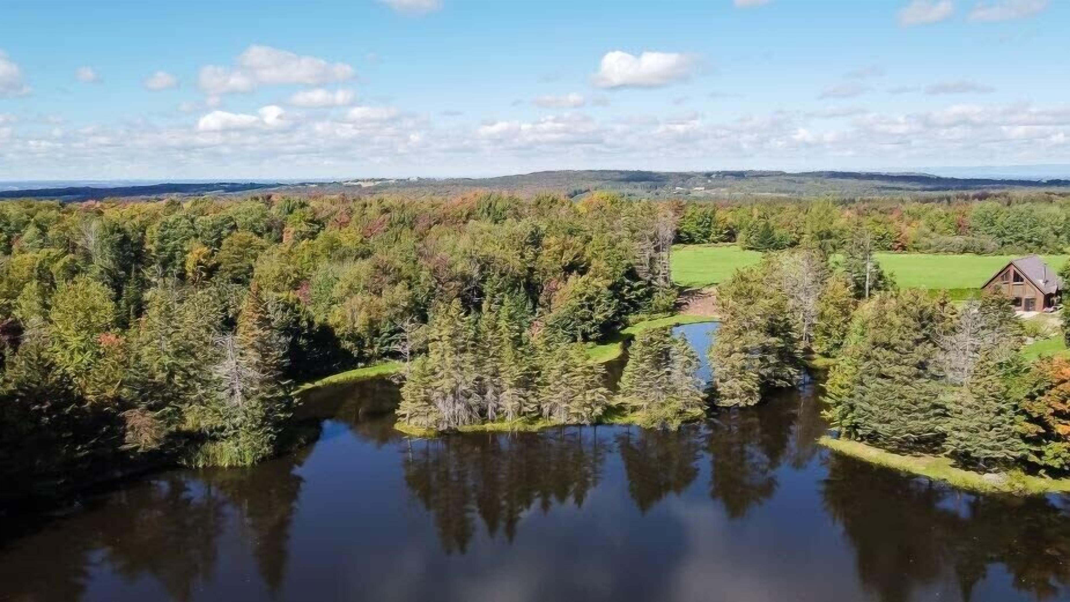 A lake surrounded by dense forest, a small house, and a distant view of hills.