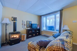 A cozy living room with a wood-burning stove, a sofa, a television, and a window with a view.