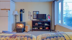Una habitación acogedora con una estufa de leña, un televisor sobre un soporte de madera, una ventana con vistas y una cama con ropa de cama estampada.