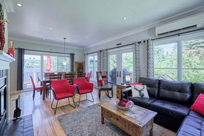 TV, fireplace, books