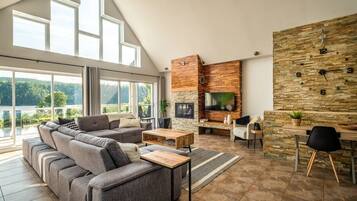 Televisión, chimenea y libros