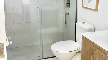 Combined shower/tub, hair dryer, towels, soap