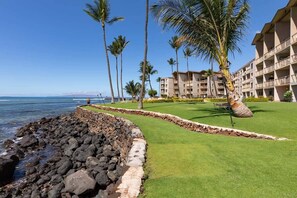 Un campo da golf con vista sull'oceano, palme e un albergo sullo sfondo.