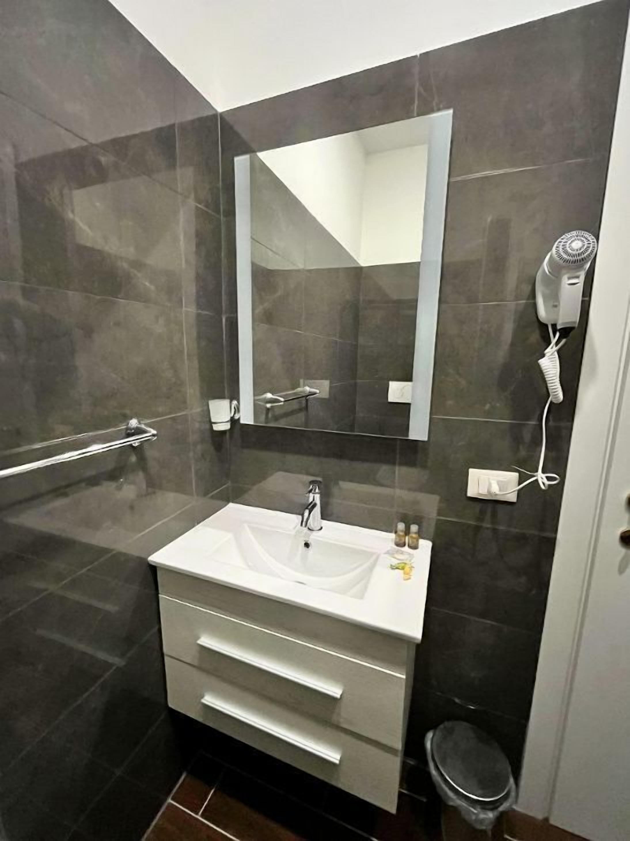 A modern bathroom with a white sink, a mirror, a towel rack, and a hair dryer.