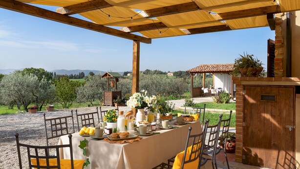 An outdoor dining area with a table set for breakfast, overlooking a vineyard and countryside. - Casa La Fenice 8+2, Emma Villas (Pomarance)