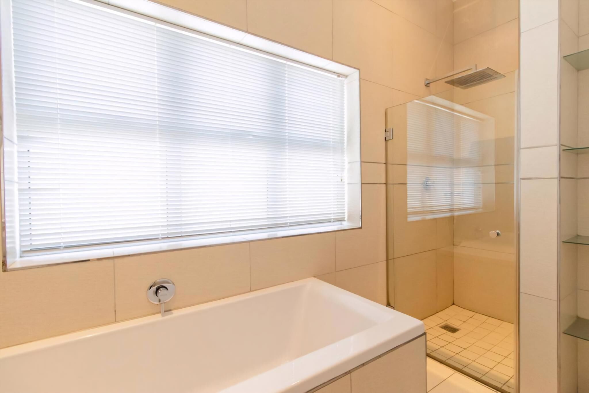 Bathtub, towels, soap, shampoo