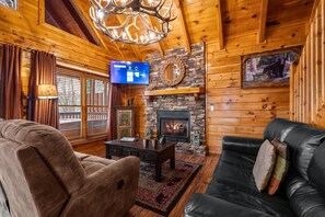 Smart TV, fireplace, video games, DVD player