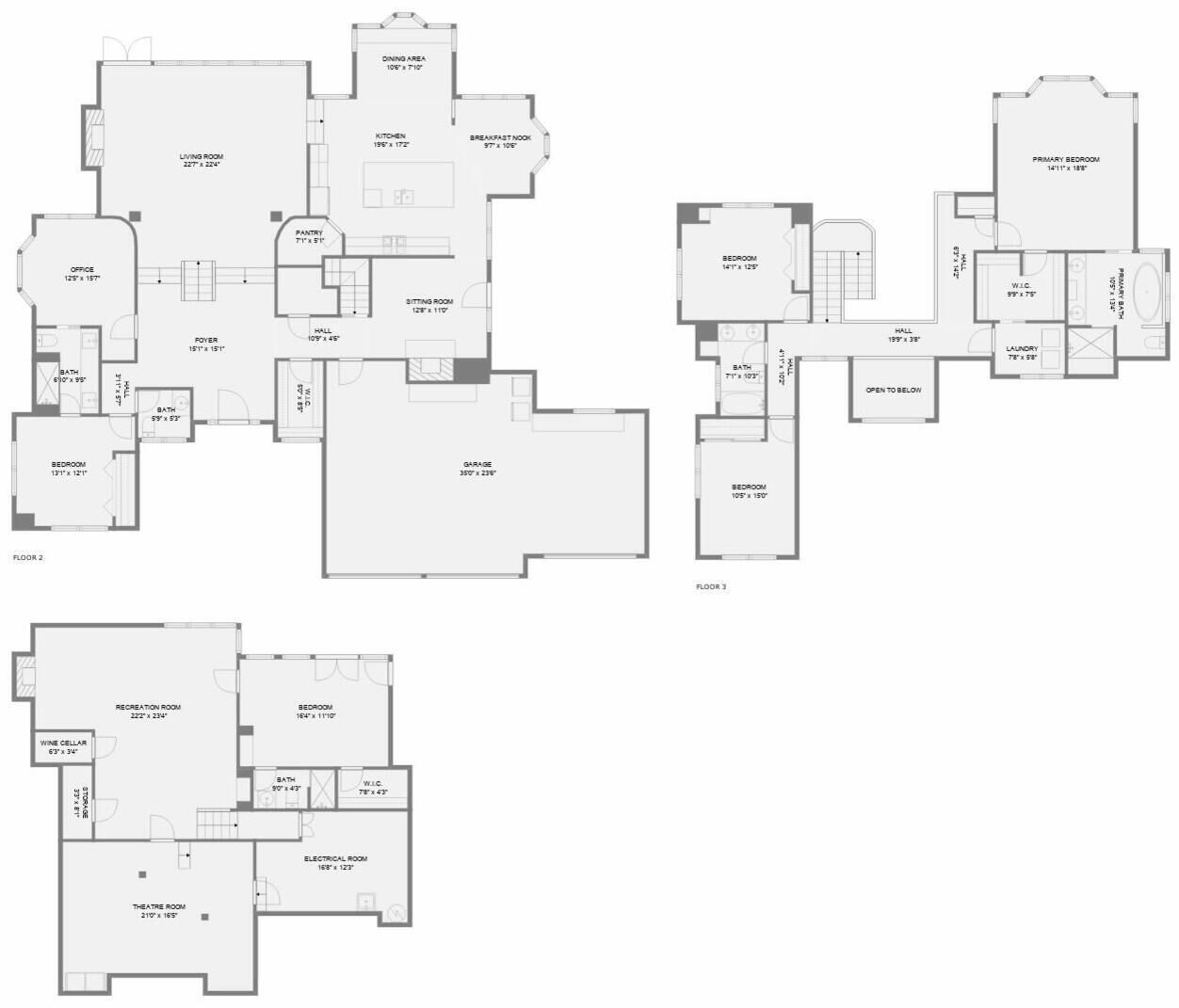 A floor plan with a living room, kitchen, dining area, two bedrooms, a bathroom, a garage, and a small office.