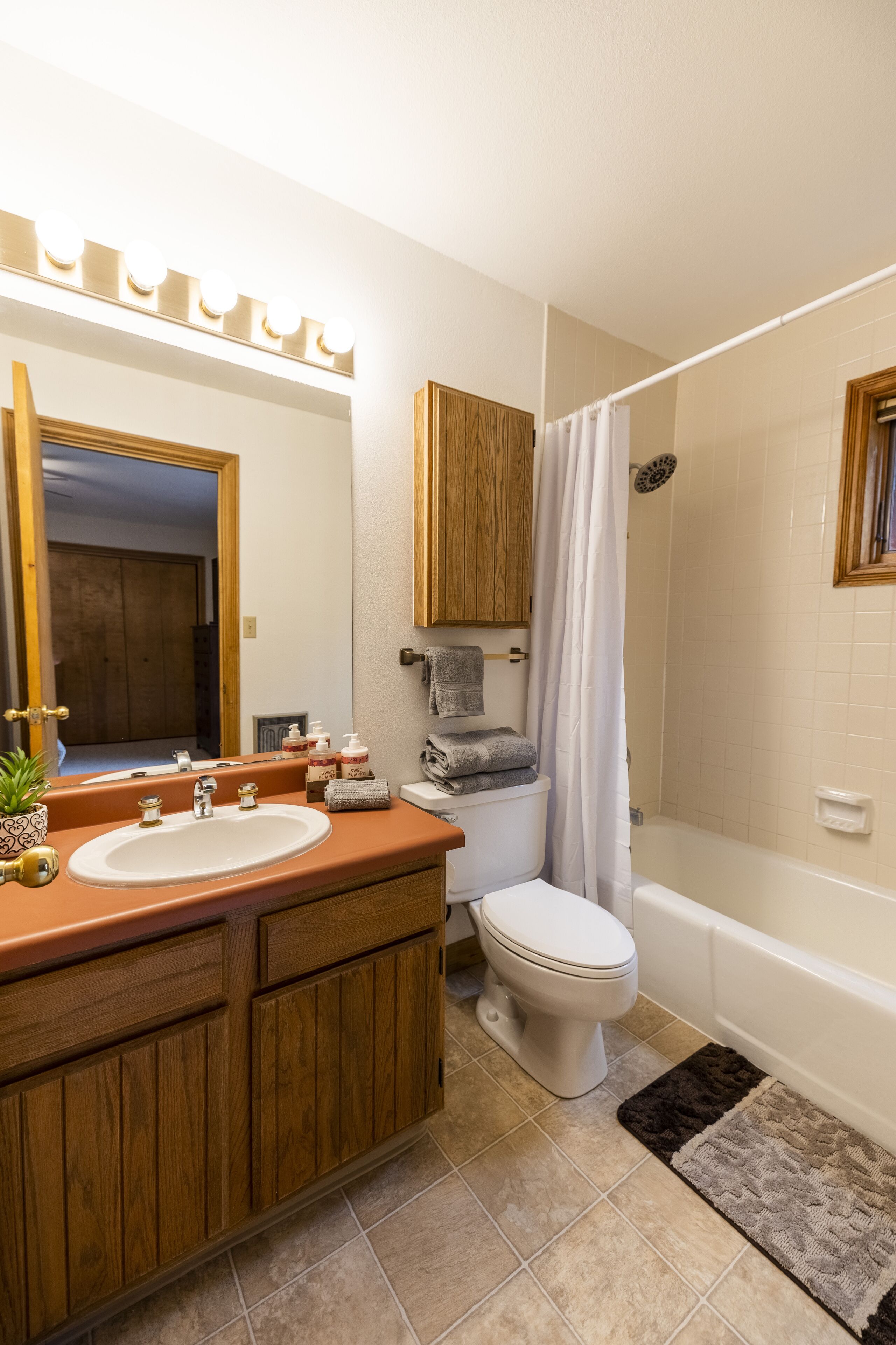 Combined shower/tub, hair dryer, towels, soap