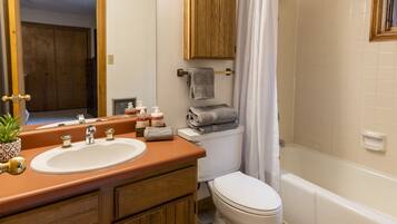 Combined shower/tub, hair dryer, towels, soap