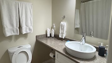 A bathroom with a toilet, sink, mirror, and two towels hanging on the wall.