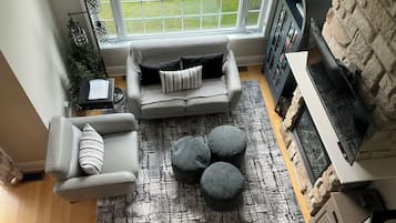 Smart TV, fireplace, DVD player, books