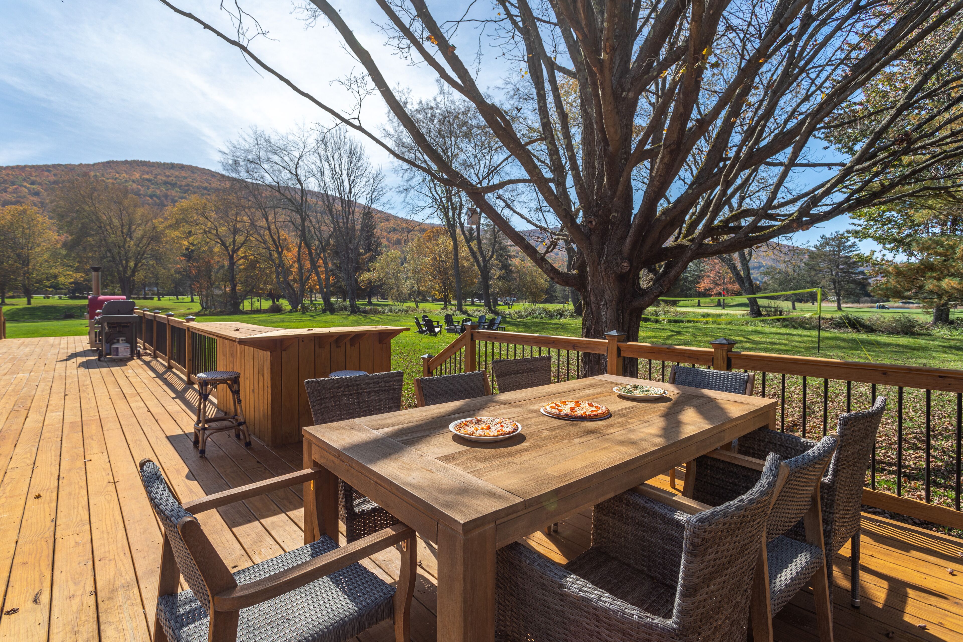 An outdoor wooden deck with a table and chairs, overlooking a grassy area with trees and hills in the background.