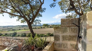 Un espacio al aire libre con paredes de piedra, un piso de madera y abundante vegetación, con vistas a un paisaje rural.